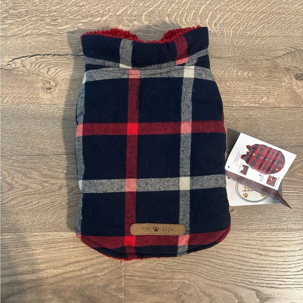 Pet Life navy and red Plaid dog jacket, S, NWT!